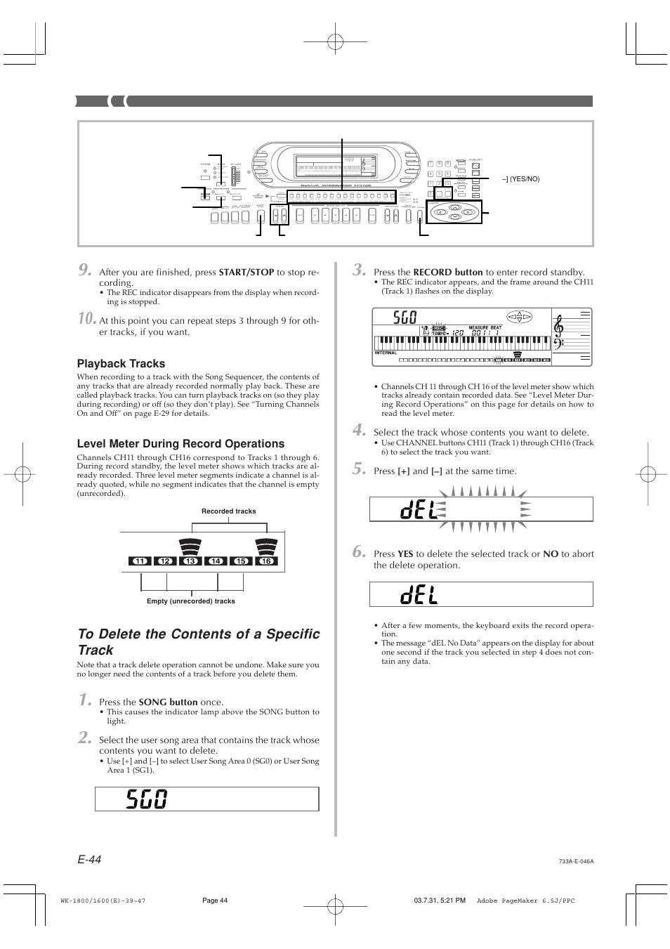 E-44, Playback tracks, Level meter during record operations | Casio WK1630 User Manual | Page 46 / 96