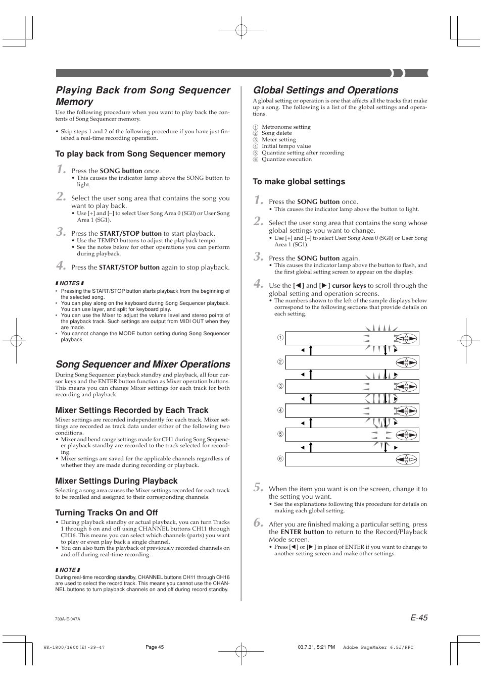 Song sequencer and mixer operations, Global settings and operations | Casio WK1630 User Manual | Page 47 / 96