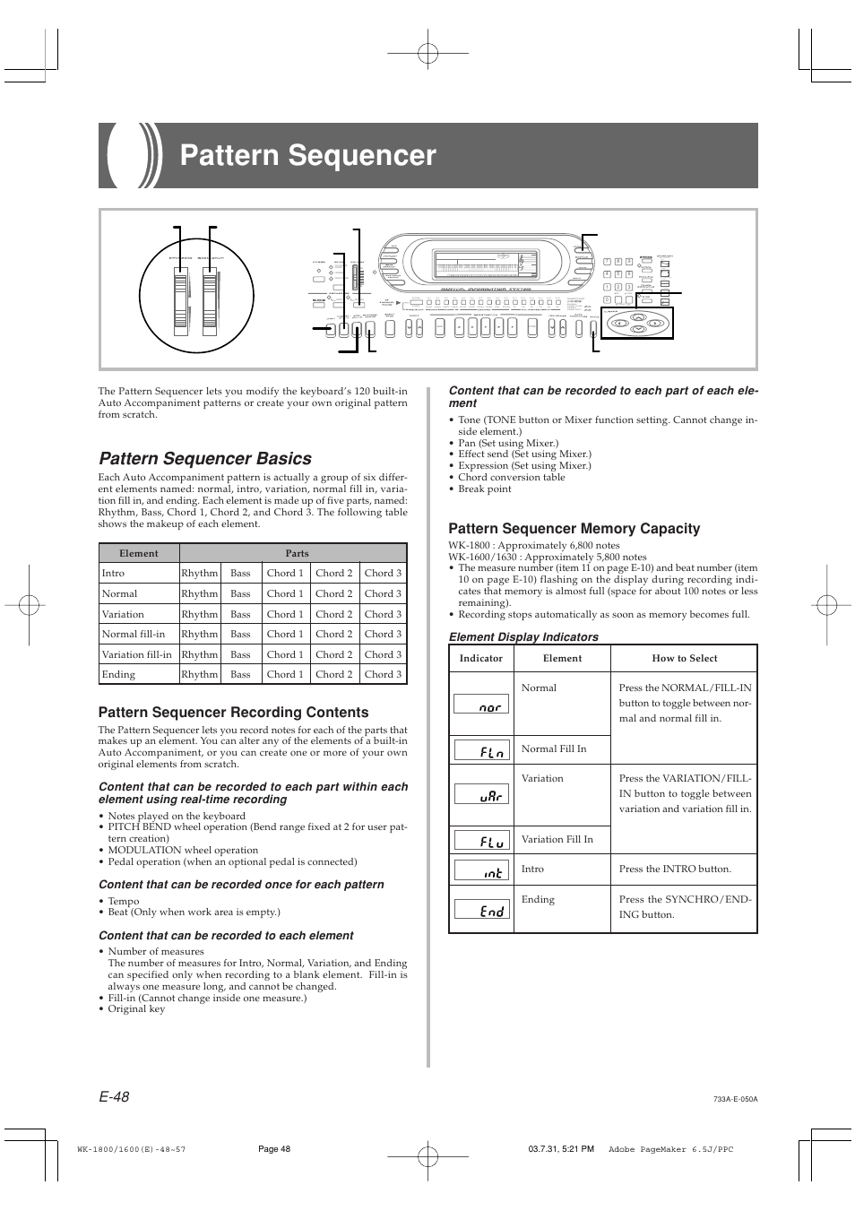 Pattern sequencer, Pattern sequencer basics, E-48 | Pattern sequencer recording contents | Casio WK1630 User Manual | Page 50 / 96