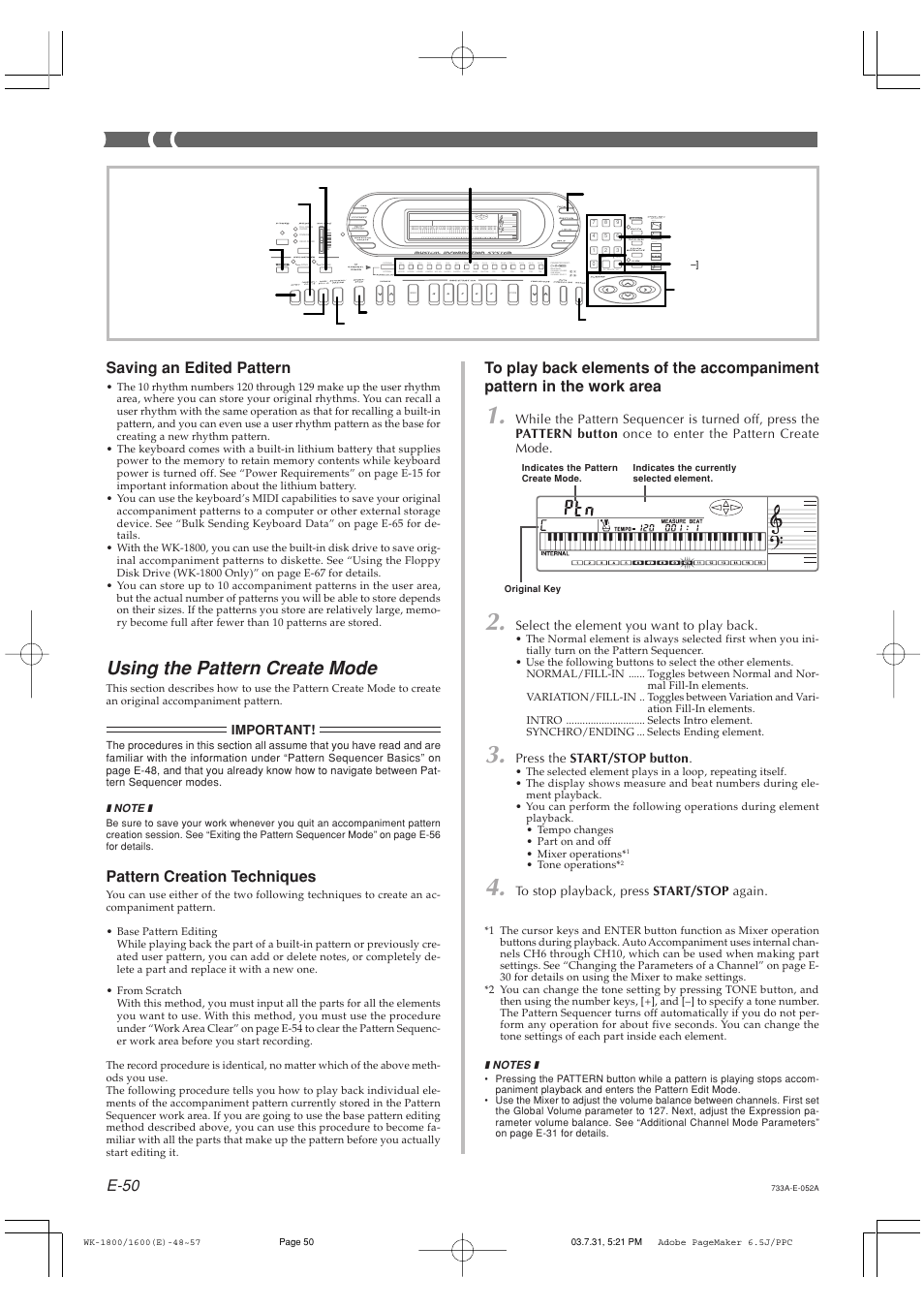 Using the pattern create mode, E-50 saving an edited pattern, Pattern creation techniques | Casio WK1630 User Manual | Page 52 / 96