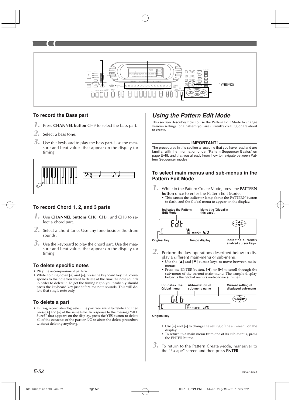 Using the pattern edit mode, E-52 to record the bass part | Casio WK1630 User Manual | Page 54 / 96