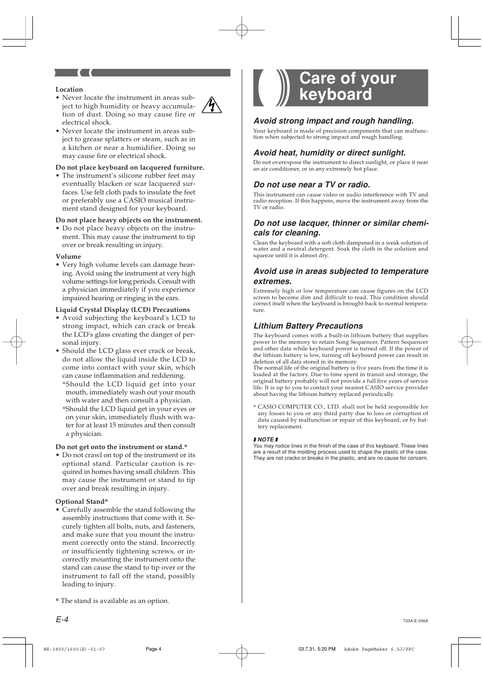 Care of your keyboard | Casio WK1630 User Manual | Page 6 / 96