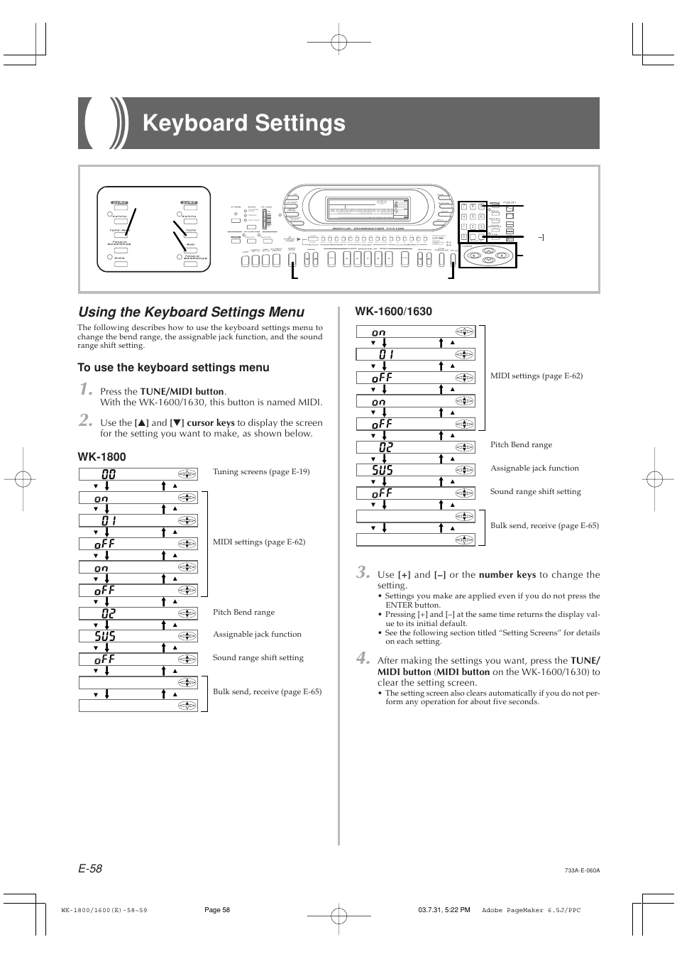 Keyboard settings, Using the keyboard settings menu, E-58 | Wk-1800 | Casio WK1630 User Manual | Page 60 / 96