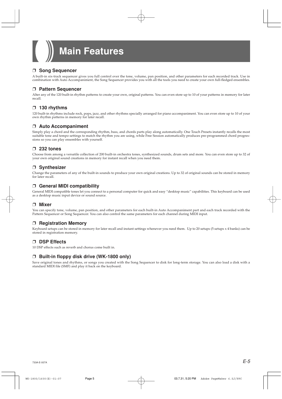 Main features | Casio WK1630 User Manual | Page 7 / 96