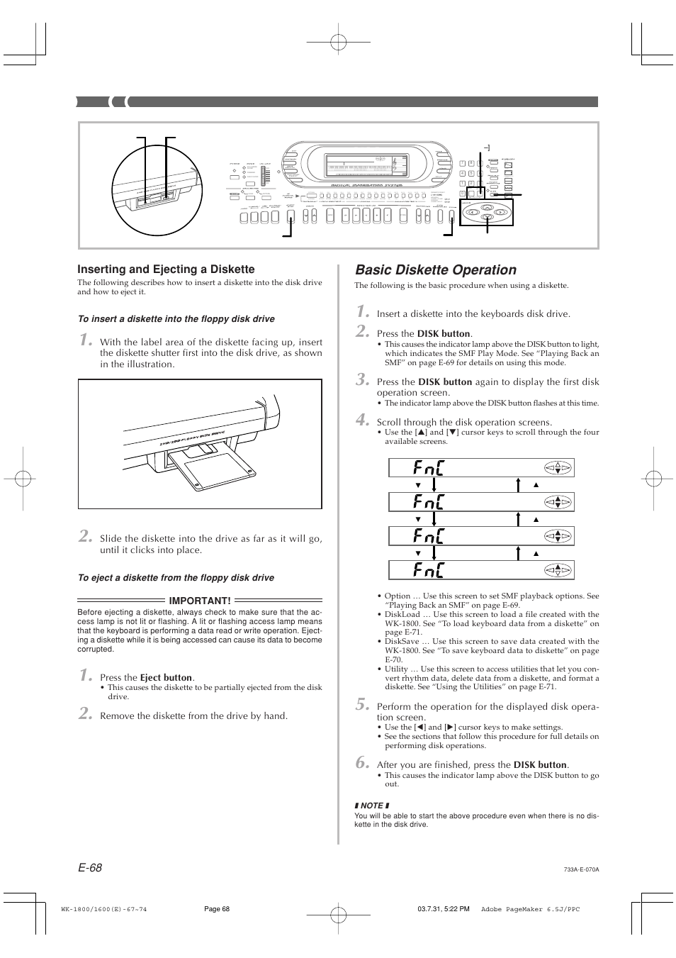 Basic diskette operation, E-68, Inserting and ejecting a diskette | Casio WK1630 User Manual | Page 70 / 96