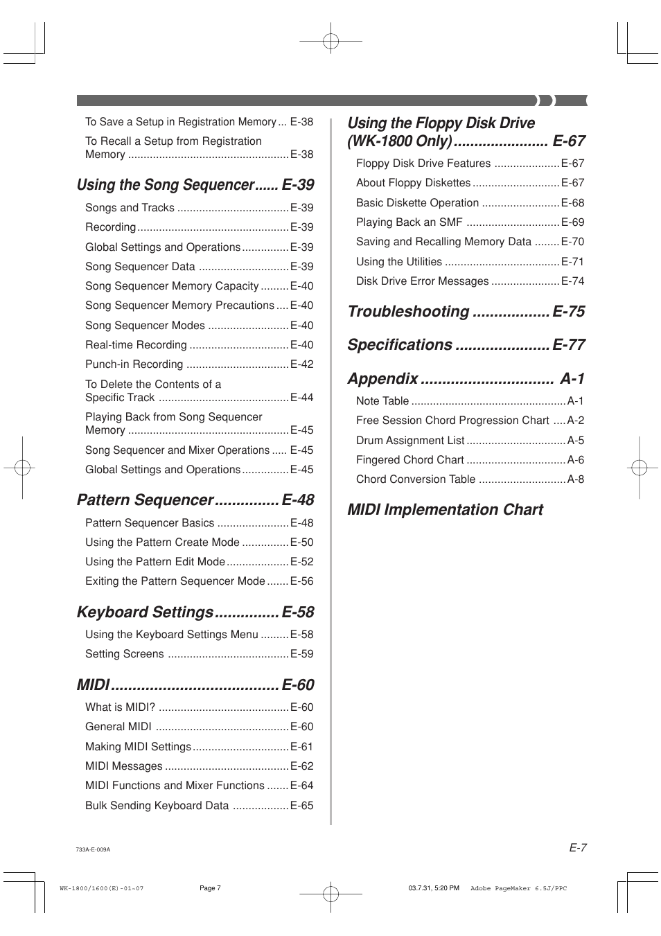 Using the song sequencer...... e-39, Pattern sequencer ............... e-48, Keyboard settings ............... e-58 | Midi ....................................... e-60, Midi implementation chart | Casio WK1630 User Manual | Page 9 / 96