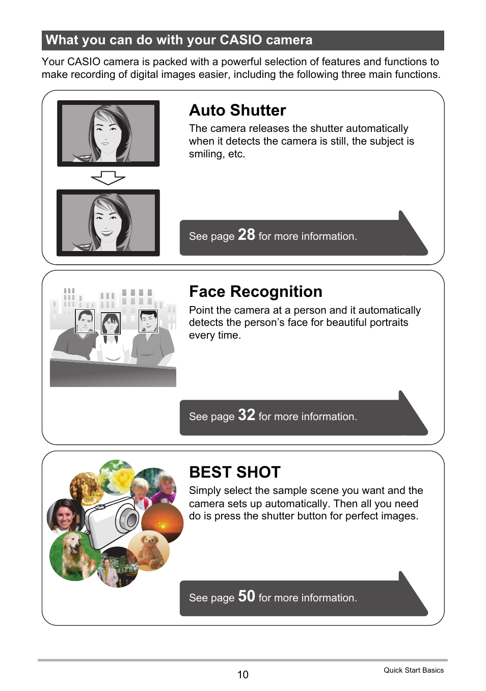 What you can do with your casio camera, Best shot, Face recognition | Auto shutter | Casio EXILIM EX-Z21 User Manual | Page 10 / 163