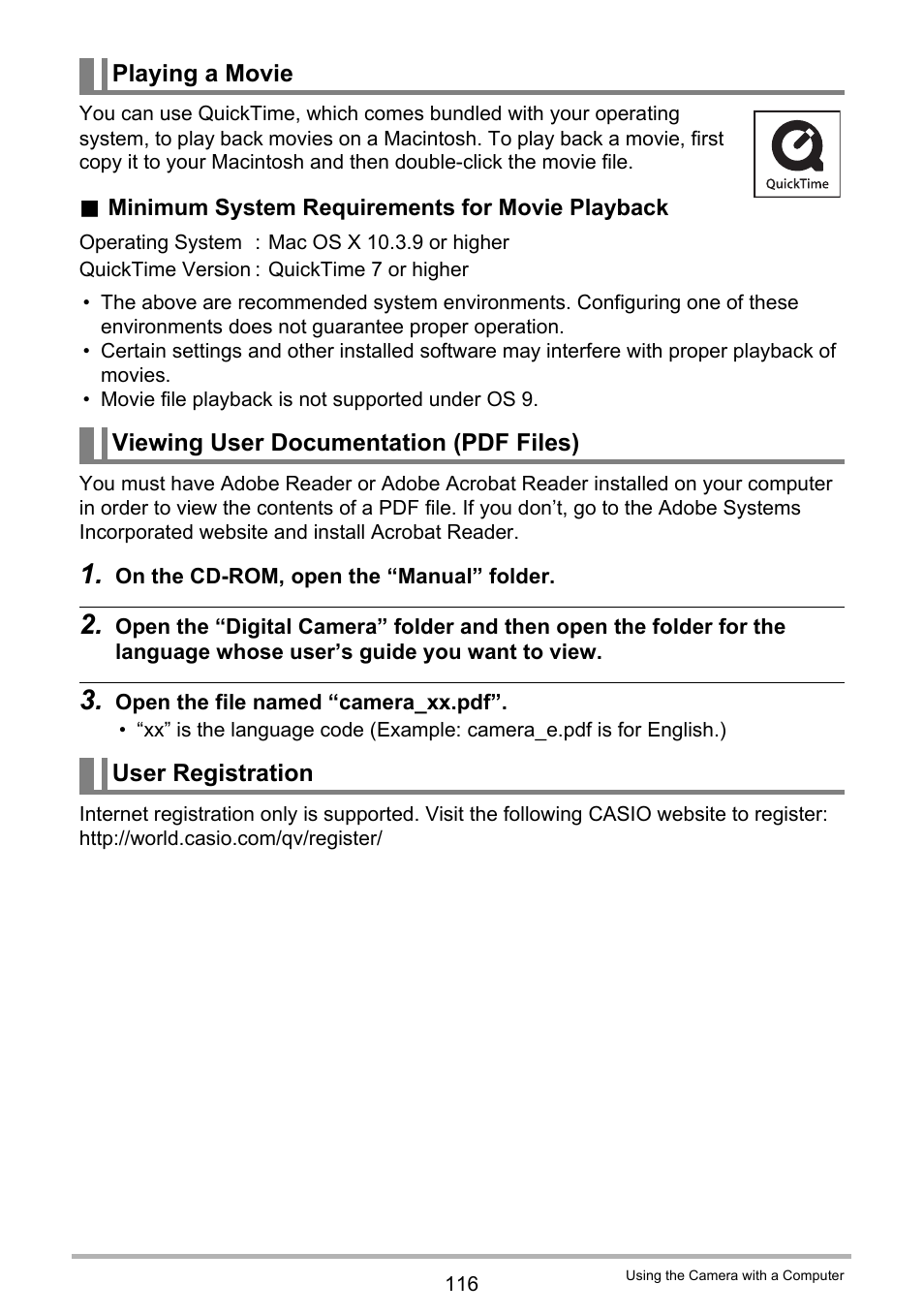 Playing a movie, Viewing user documentation (pdf files), User registration | Casio EXILIM EX-Z21 User Manual | Page 116 / 163