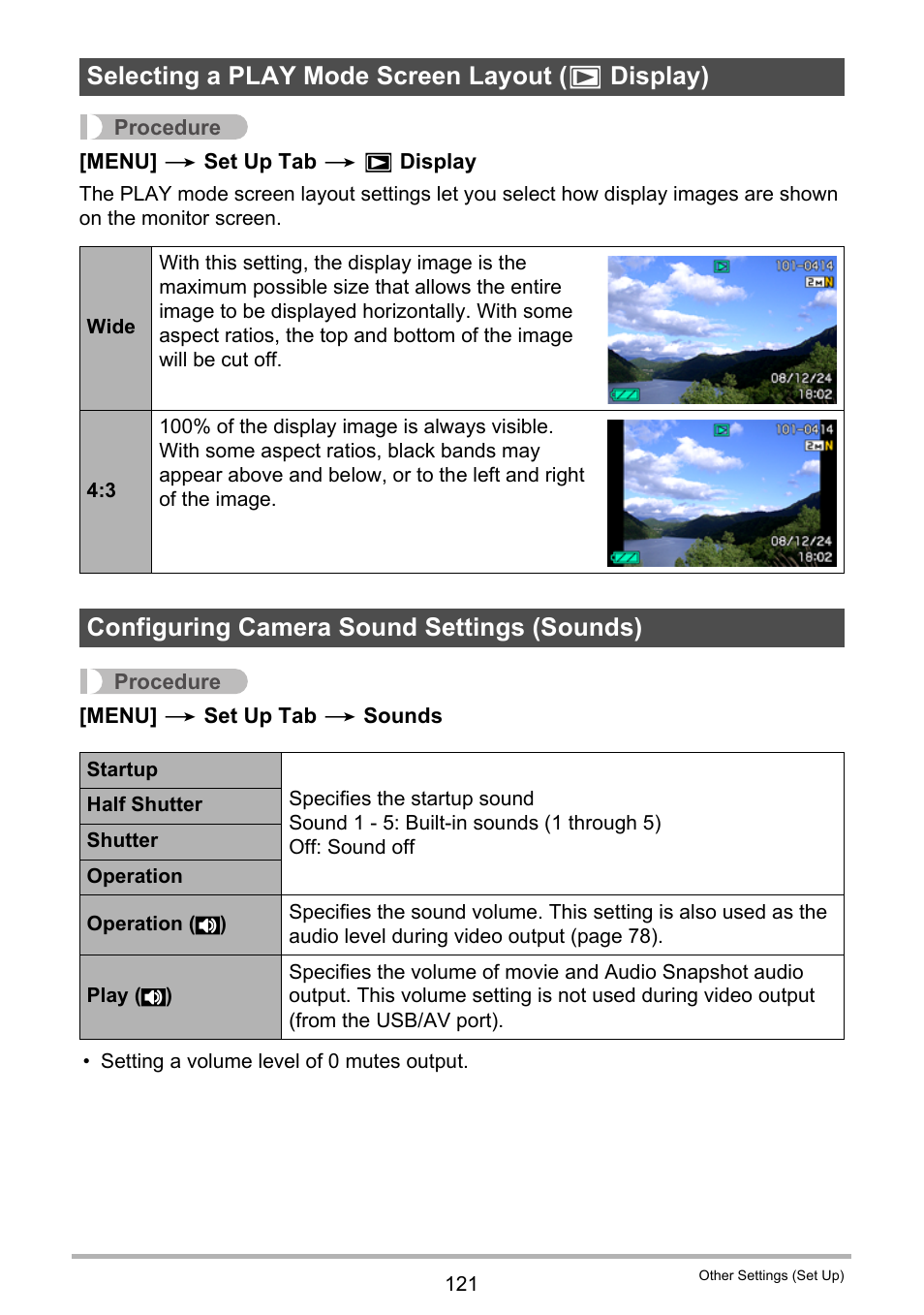 Selecting a play mode screen layout (> display), Configuring camera sound settings (sounds), Selecting a play mode screen layout ( p display) | Casio EXILIM EX-Z21 User Manual | Page 121 / 163