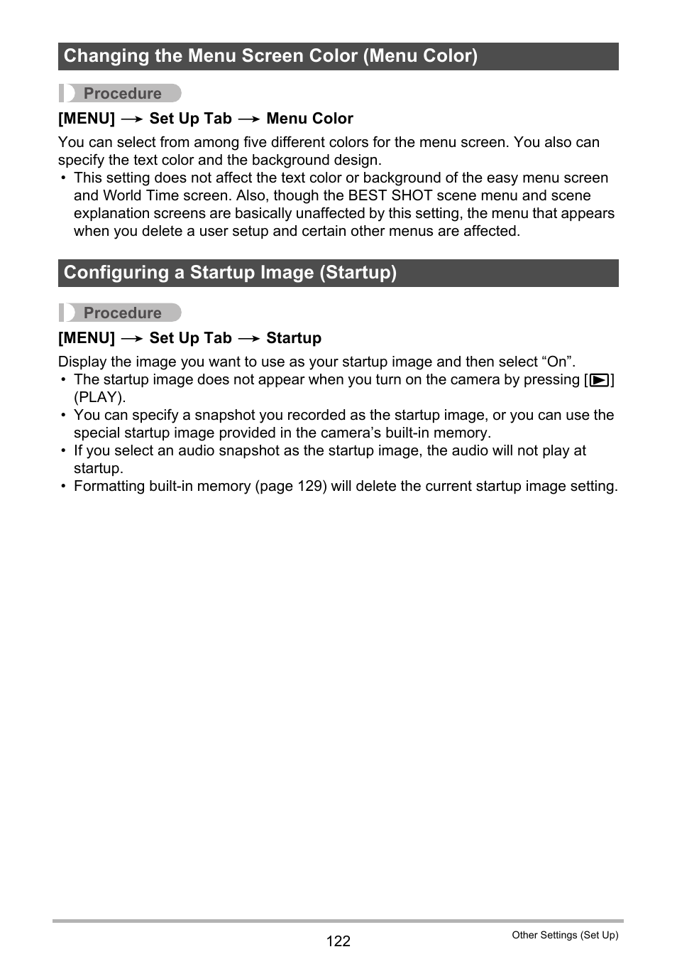 Changing the menu screen color (menu color), Configuring a startup image (startup) | Casio EXILIM EX-Z21 User Manual | Page 122 / 163