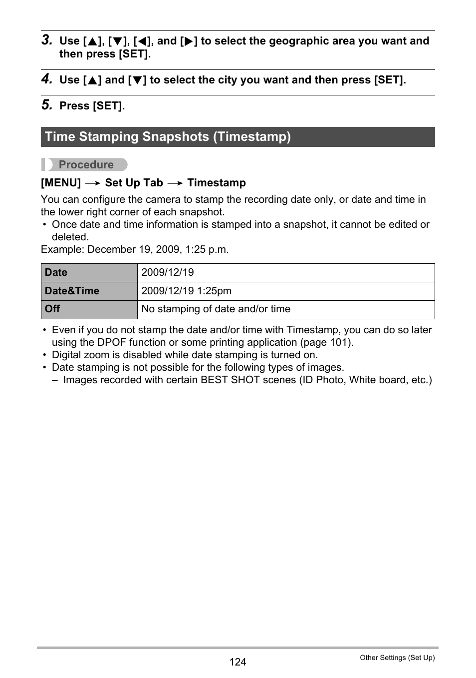 Time stamping snapshots (timestamp) | Casio EXILIM EX-Z21 User Manual | Page 124 / 163
