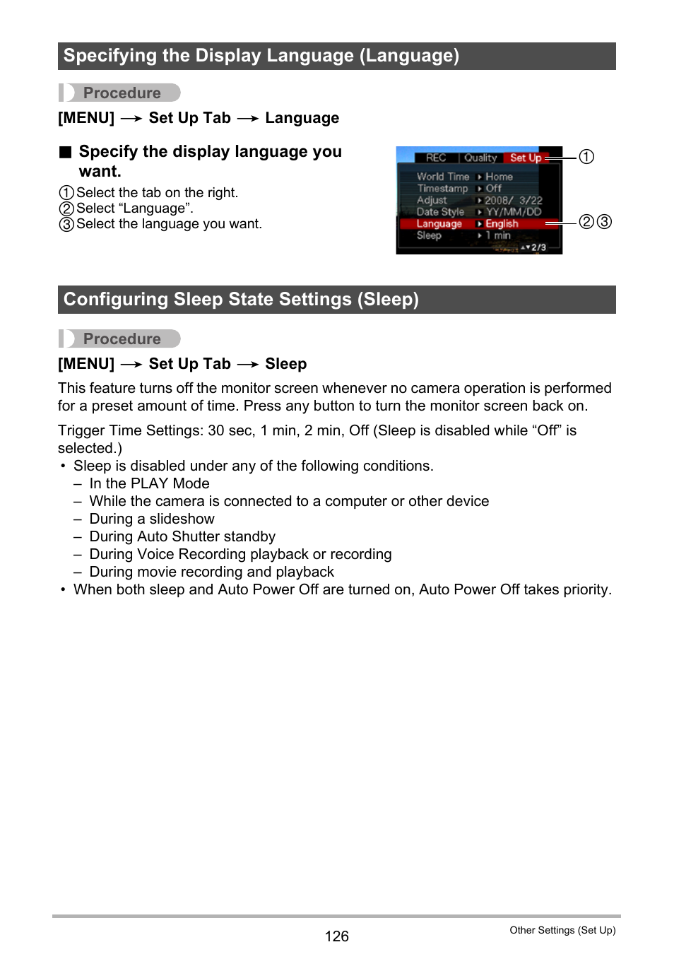 Specifying the display language (language), Configuring sleep state settings (sleep), Ge 126) | Casio EXILIM EX-Z21 User Manual | Page 126 / 163