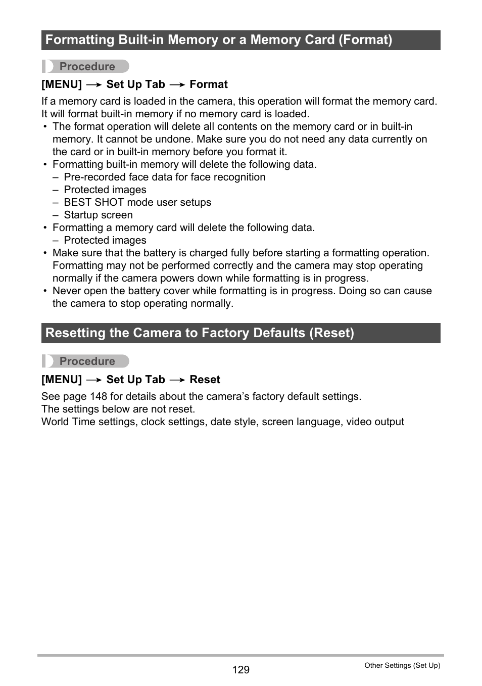 Resetting the camera to factory defaults (reset), 129) deletes all the | Casio EXILIM EX-Z21 User Manual | Page 129 / 163