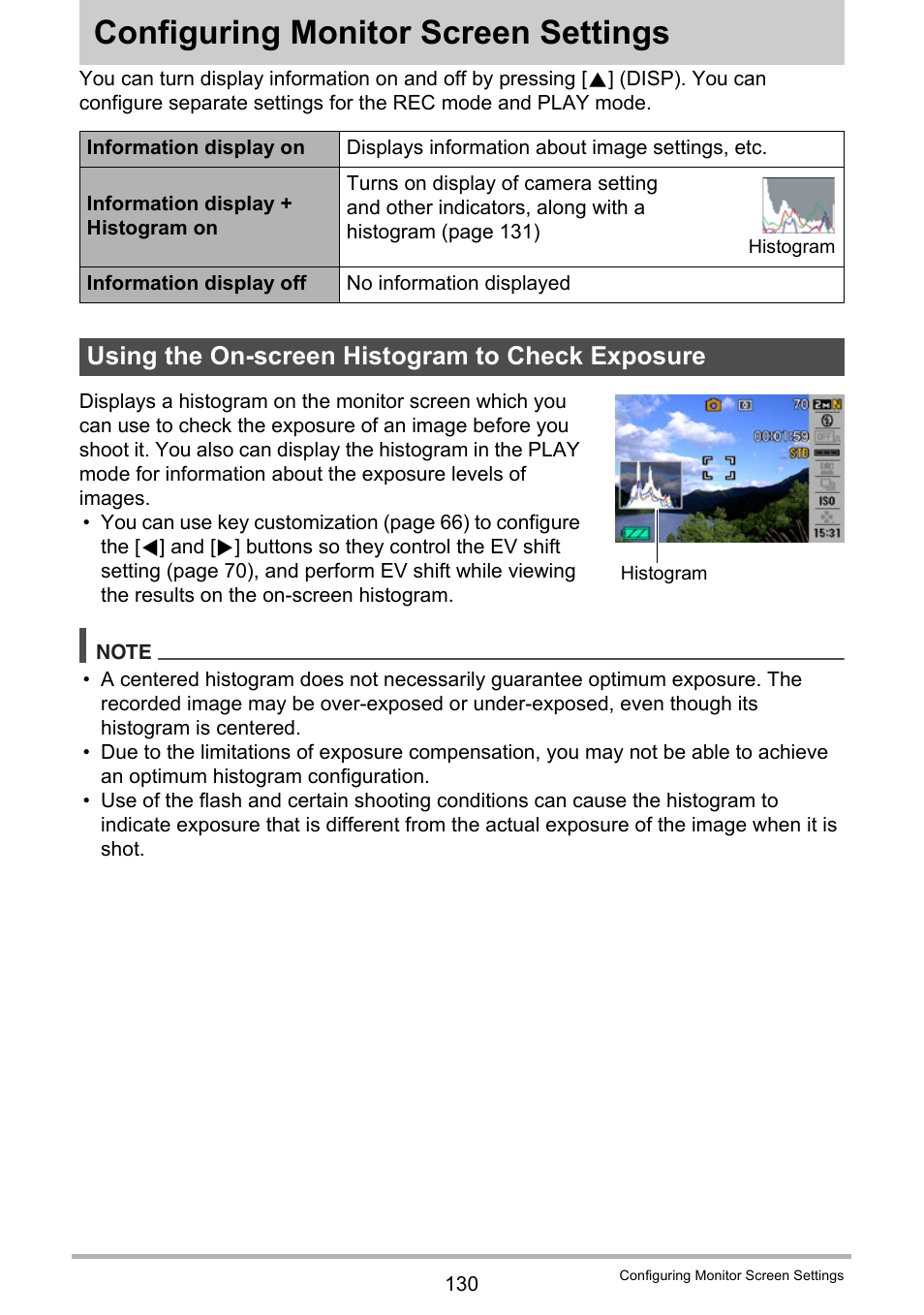 Configuring monitor screen settings, Using the on-screen histogram to check exposure | Casio EXILIM EX-Z21 User Manual | Page 130 / 163