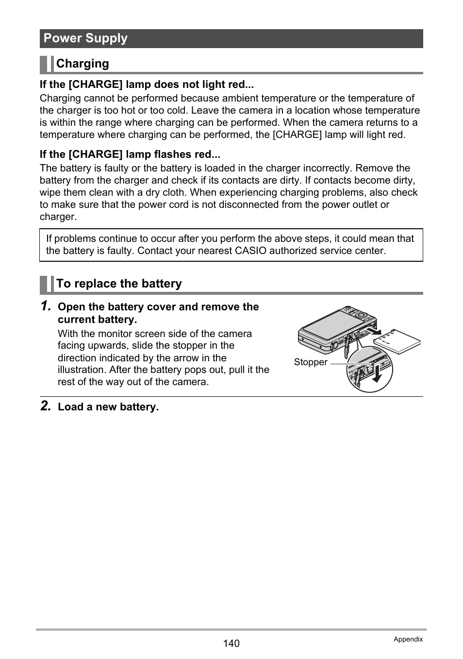Power supply, Charging, To replace the battery | Age 140 | Casio EXILIM EX-Z21 User Manual | Page 140 / 163