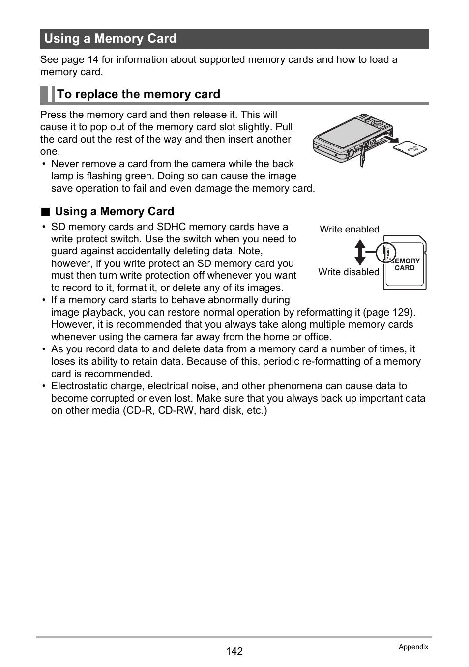 Using a memory card, To replace the memory card | Casio EXILIM EX-Z21 User Manual | Page 142 / 163