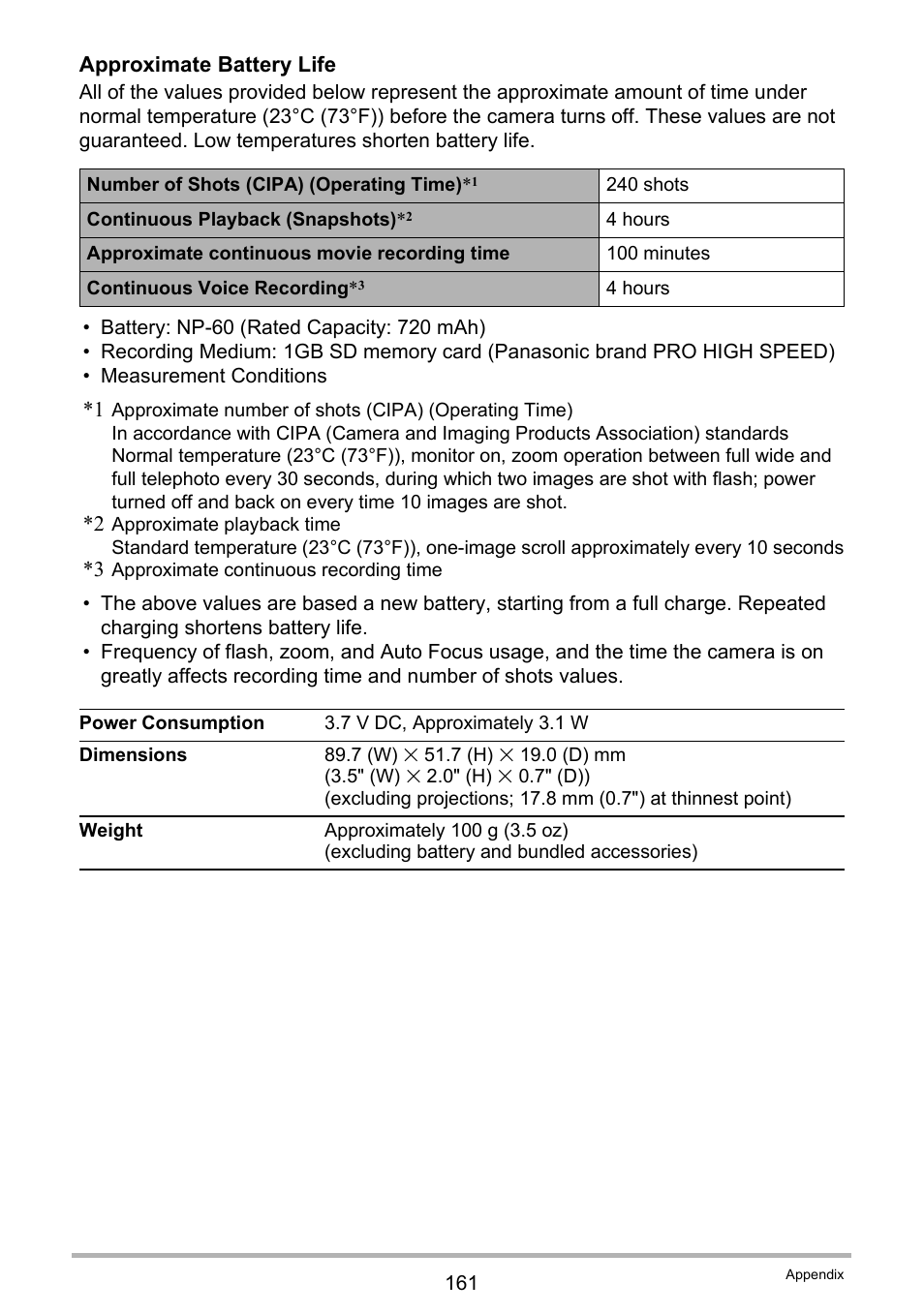 Ge 161 for, Approximate battery life | Casio EXILIM EX-Z21 User Manual | Page 161 / 163