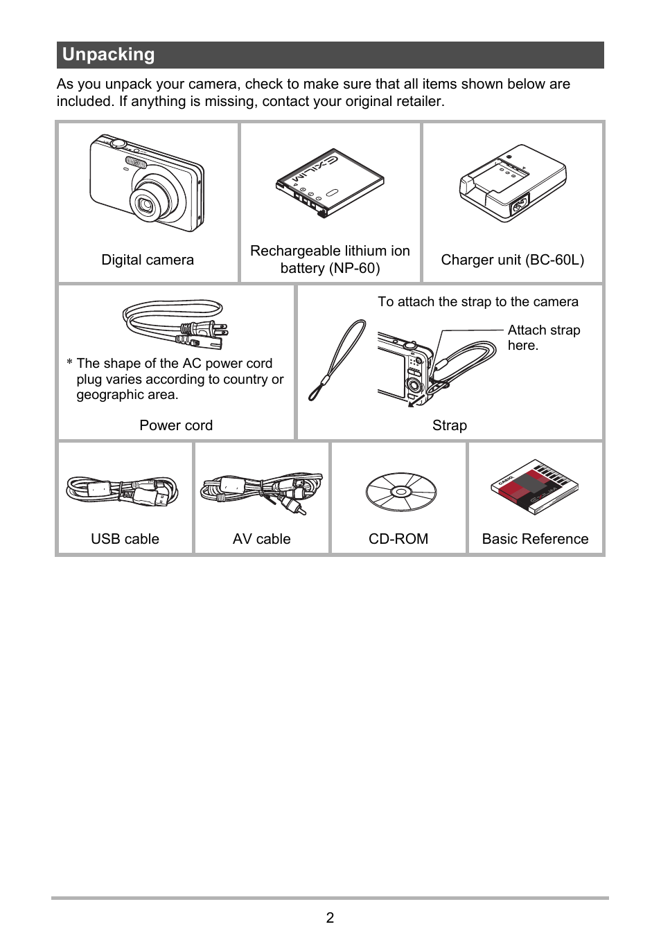 Unpacking | Casio EXILIM EX-Z21 User Manual | Page 2 / 163