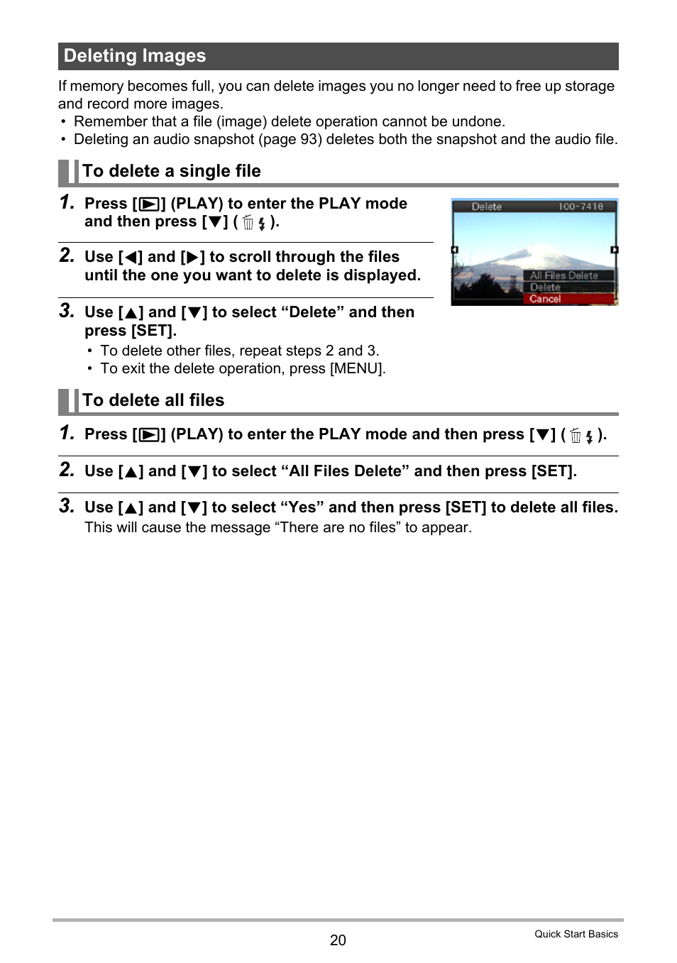 Deleting images, To delete a single file, To delete all files | Casio EXILIM EX-Z21 User Manual | Page 20 / 163