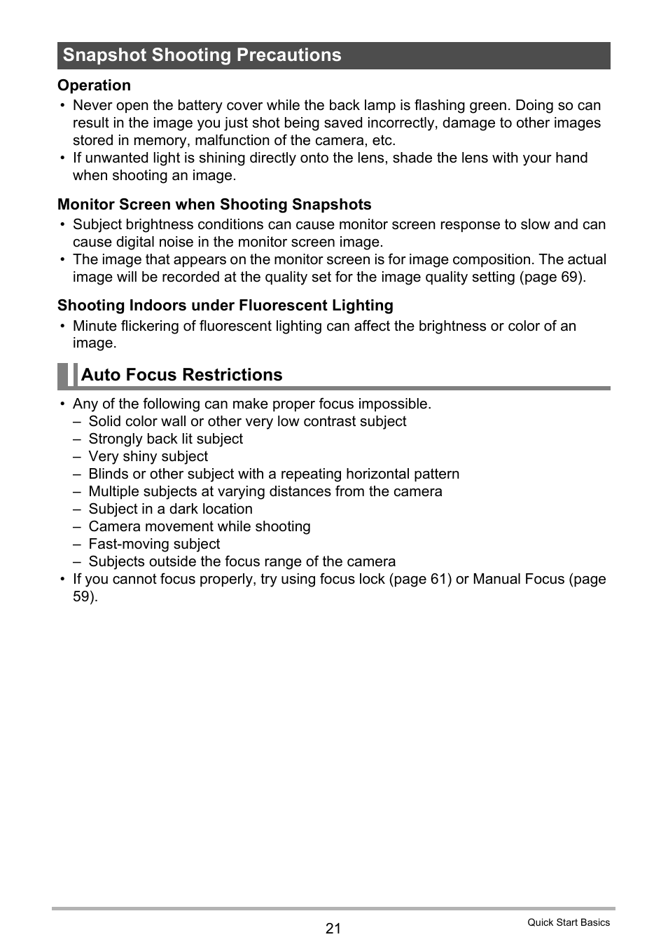 Snapshot shooting precautions, Auto focus restrictions | Casio EXILIM EX-Z21 User Manual | Page 21 / 163