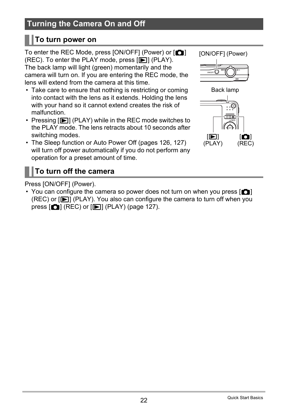 Turning the camera on and off, To turn power on, To turn off the camera | Casio EXILIM EX-Z21 User Manual | Page 22 / 163