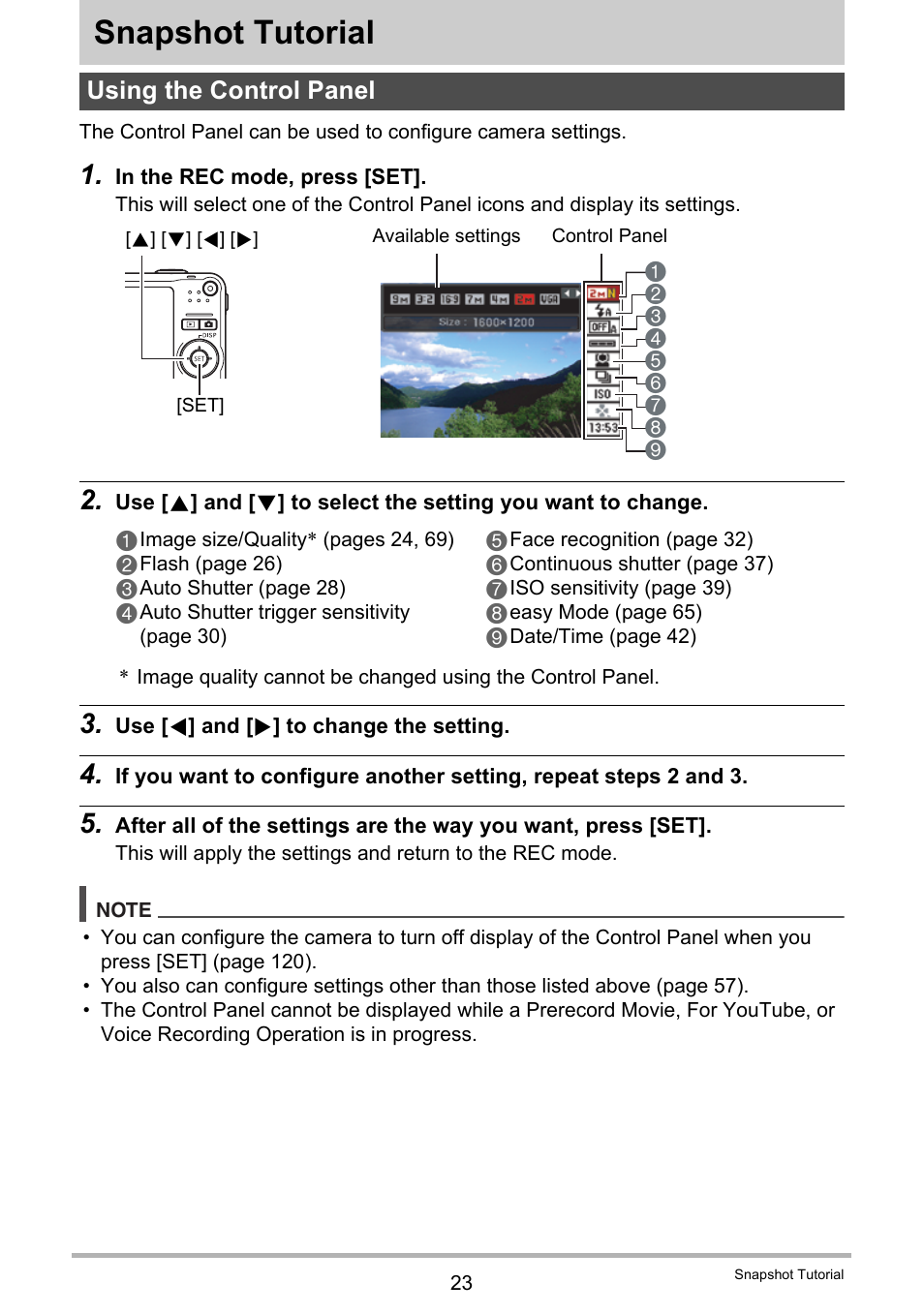 Snapshot tutorial, Using the control panel | Casio EXILIM EX-Z21 User Manual | Page 23 / 163