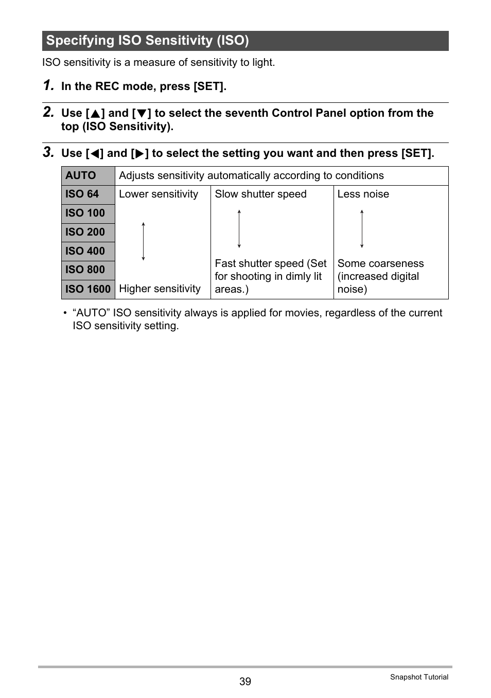 Specifying iso sensitivity (iso) | Casio EXILIM EX-Z21 User Manual | Page 39 / 163