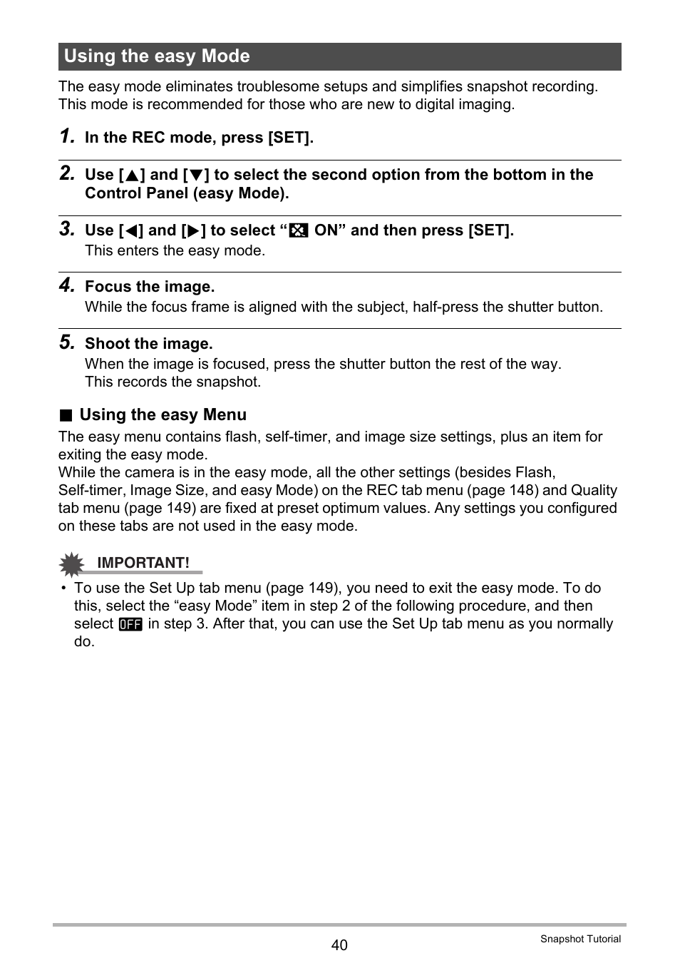 Using the easy mode | Casio EXILIM EX-Z21 User Manual | Page 40 / 163