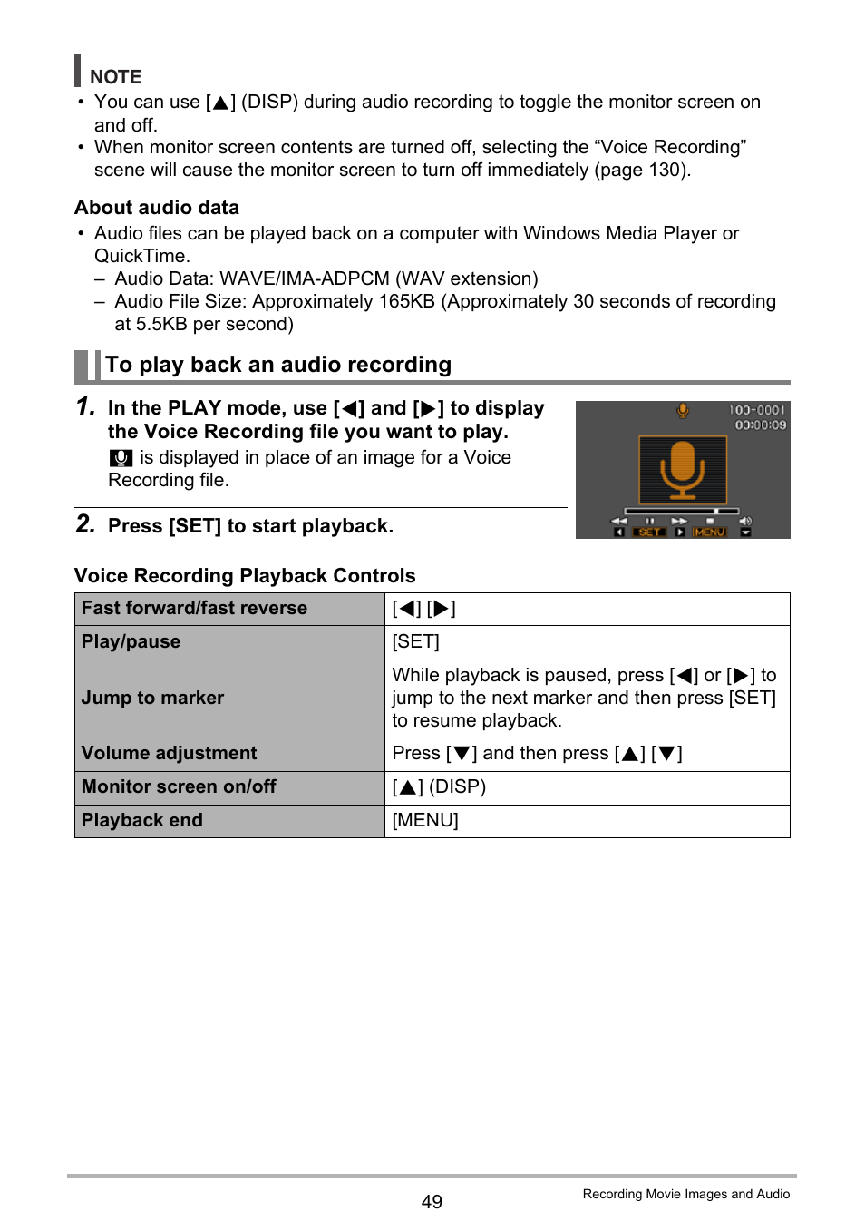 To play back an audio recording | Casio EXILIM EX-Z21 User Manual | Page 49 / 163