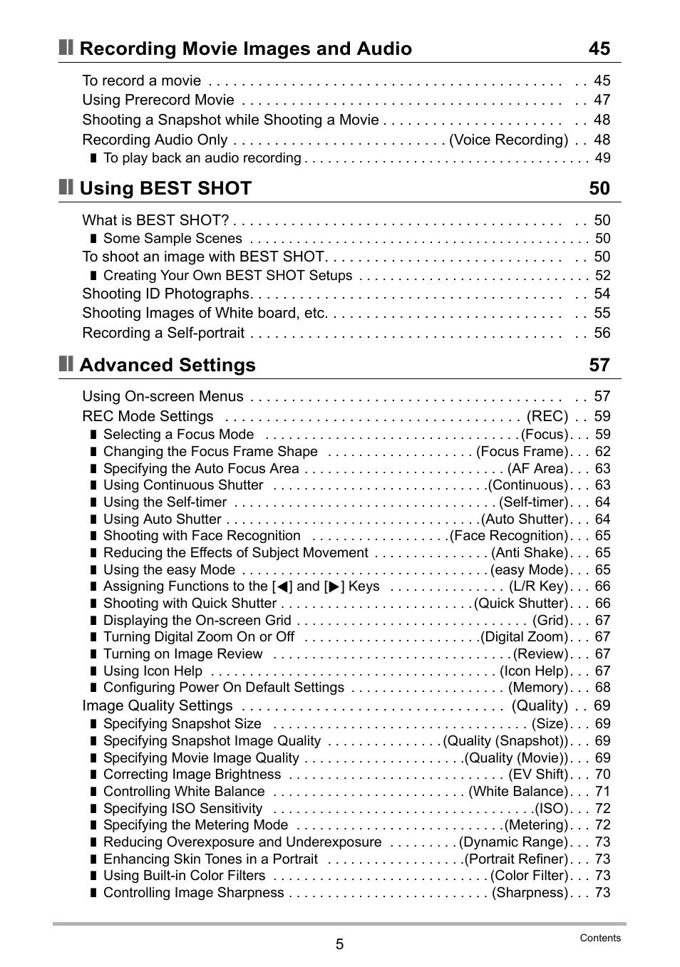 Recording movie images and audio 45, Using best shot 50, Advanced settings 57 | Casio EXILIM EX-Z21 User Manual | Page 5 / 163