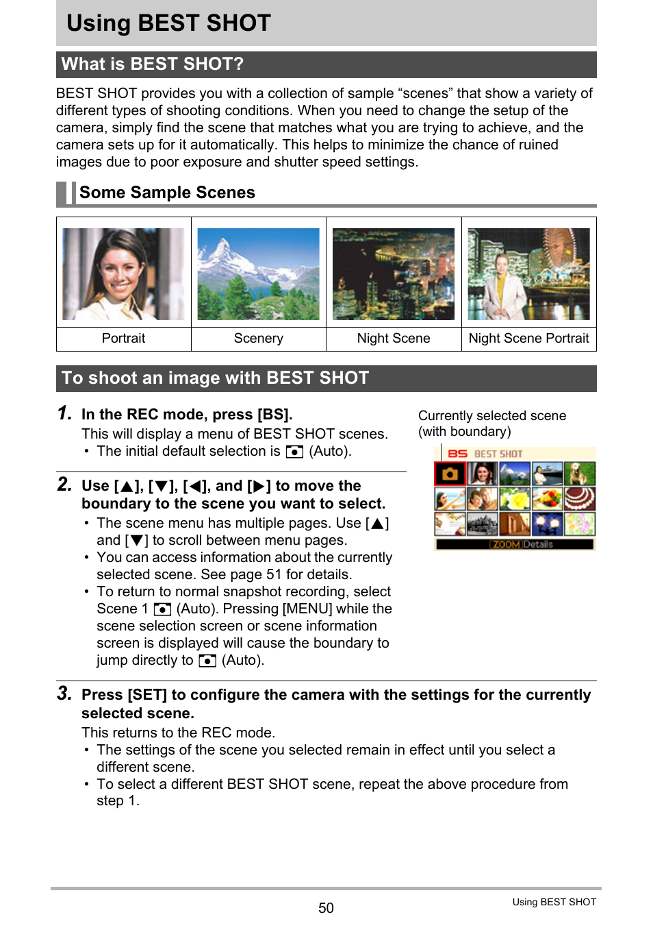 Using best shot, What is best shot, Some sample scenes | To shoot an image with best shot | Casio EXILIM EX-Z21 User Manual | Page 50 / 163