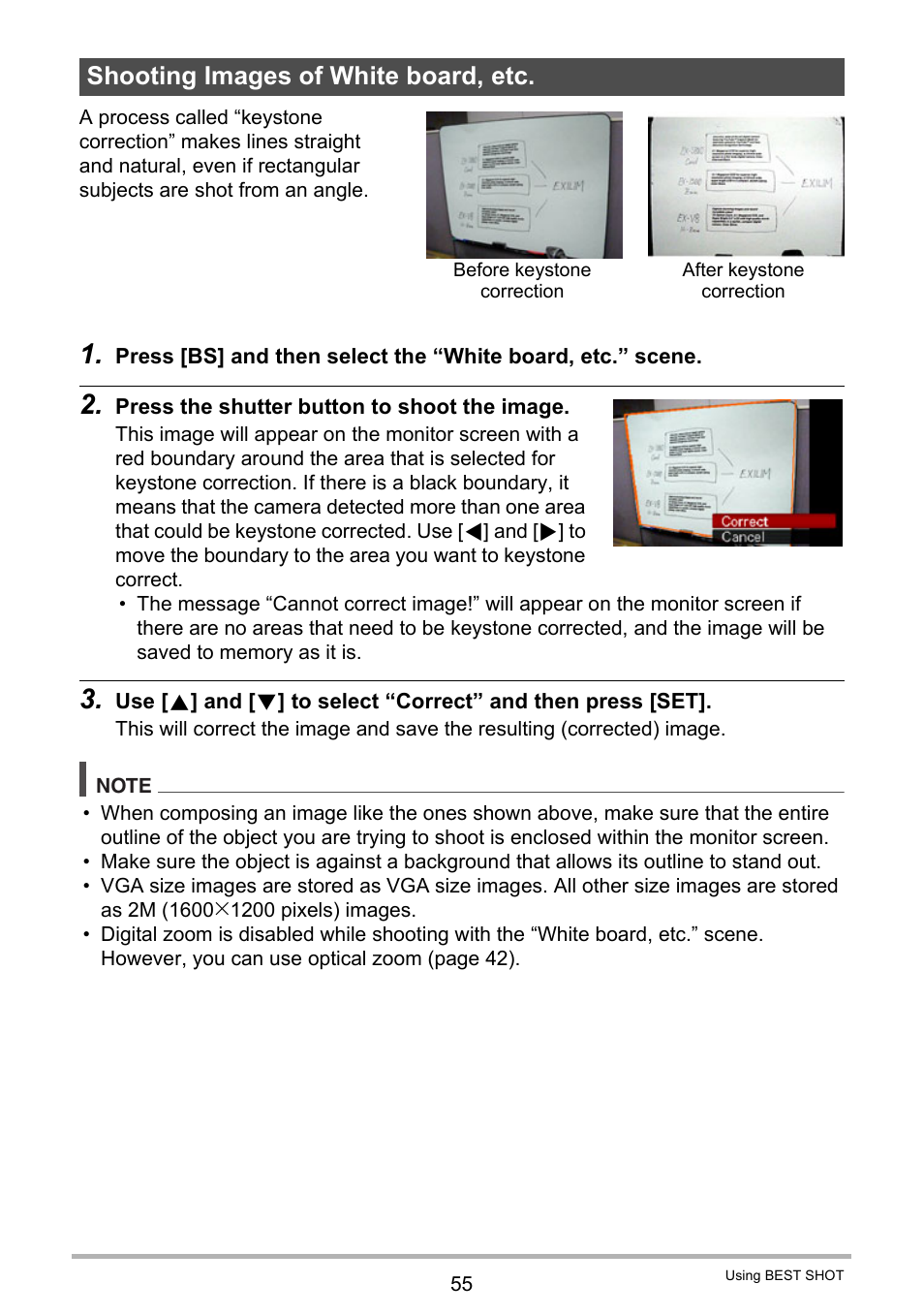 Shooting images of white board, etc | Casio EXILIM EX-Z21 User Manual | Page 55 / 163