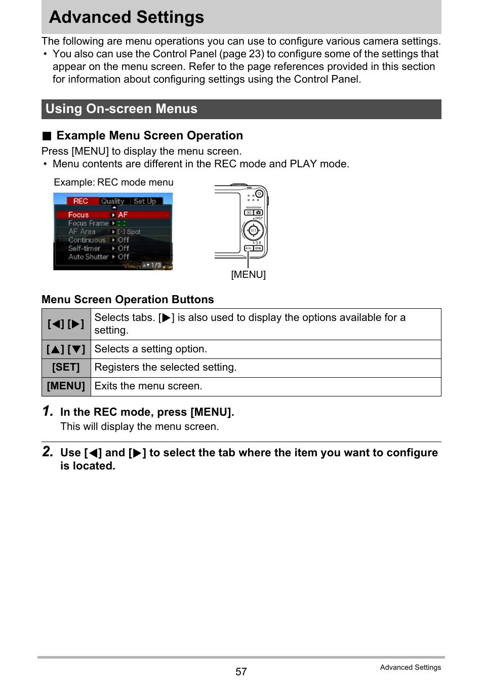 Advanced settings, Using on-screen menus | Casio EXILIM EX-Z21 User Manual | Page 57 / 163