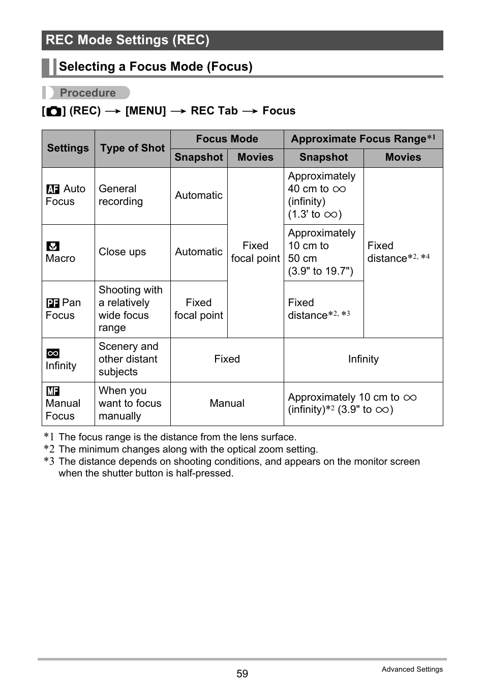 Rec mode settings (rec), Selecting a focus mode (focus) | Casio EXILIM EX-Z21 User Manual | Page 59 / 163