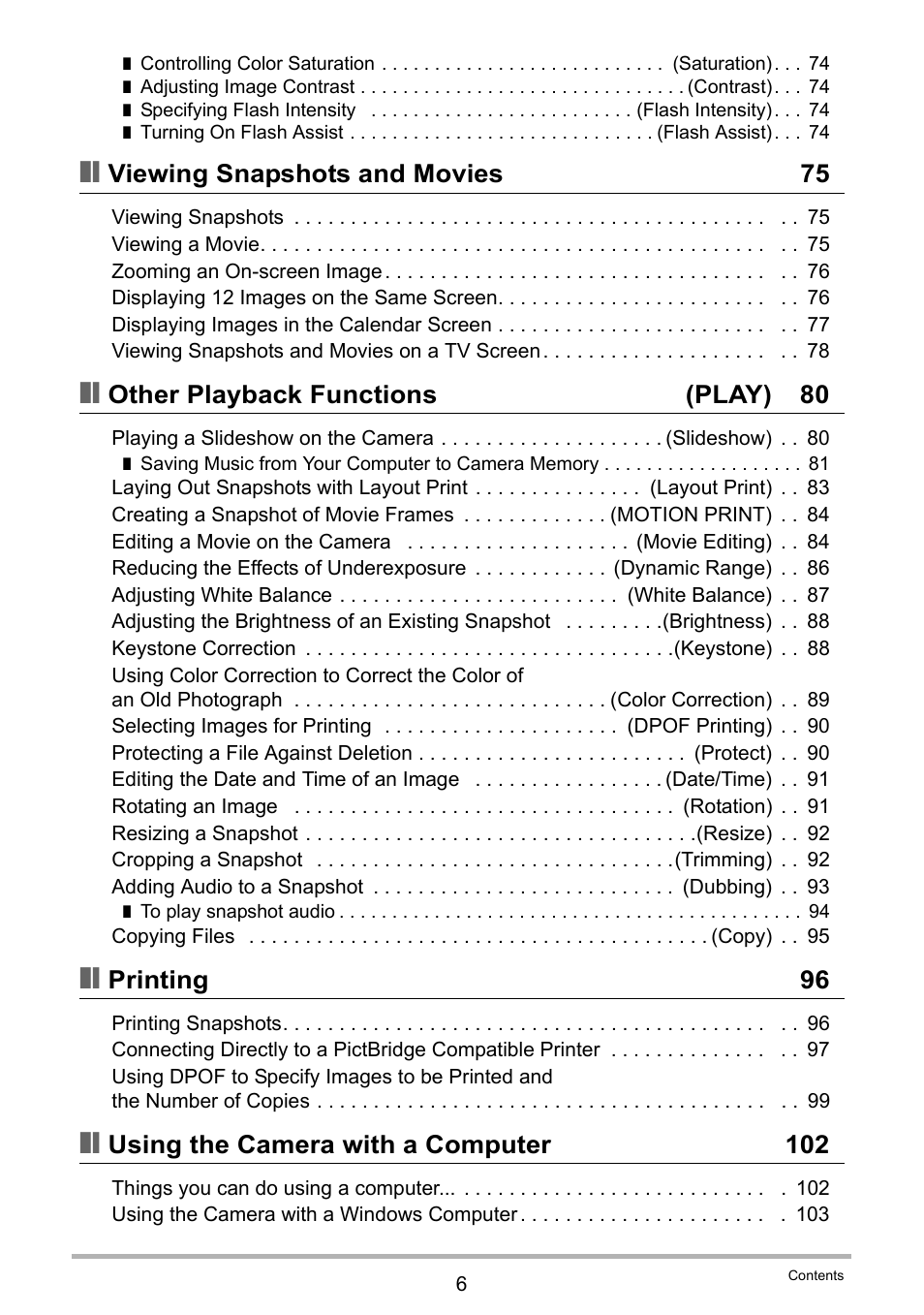 Viewing snapshots and movies 75, Other playback functions (play) 80, Printing 96 | Using the camera with a computer 102 | Casio EXILIM EX-Z21 User Manual | Page 6 / 163