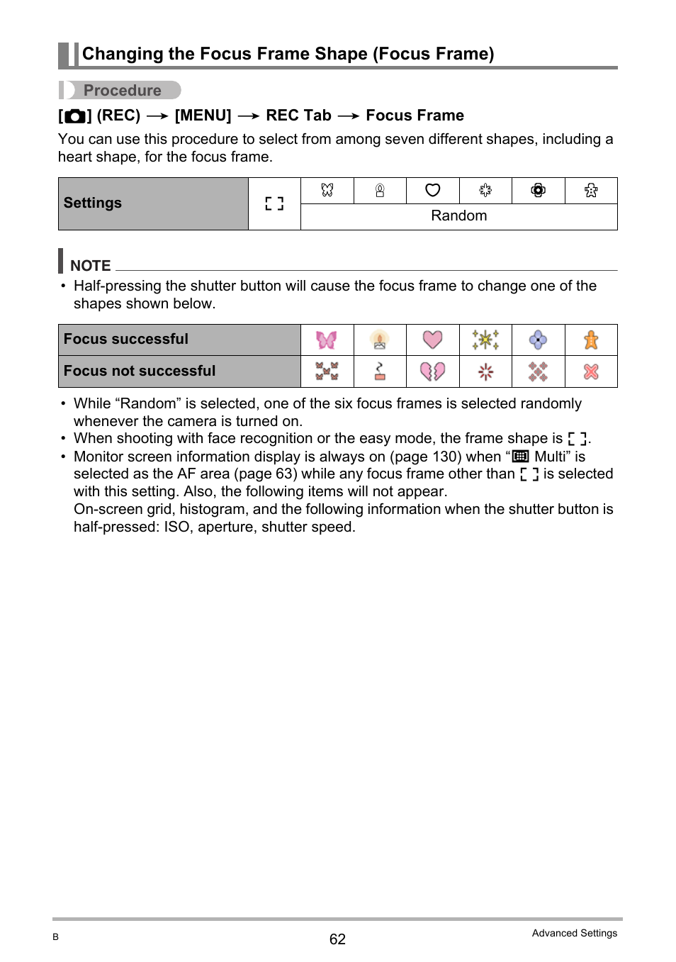 Changing the focus frame shape (focus frame) | Casio EXILIM EX-Z21 User Manual | Page 62 / 163