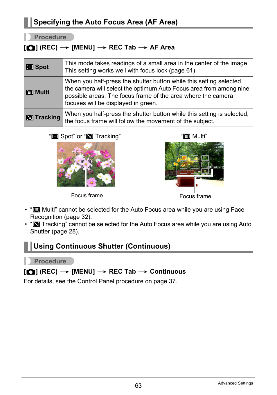 Specifying the auto focus area (af area), Using continuous shutter (continuous), E 63) | Casio EXILIM EX-Z21 User Manual | Page 63 / 163