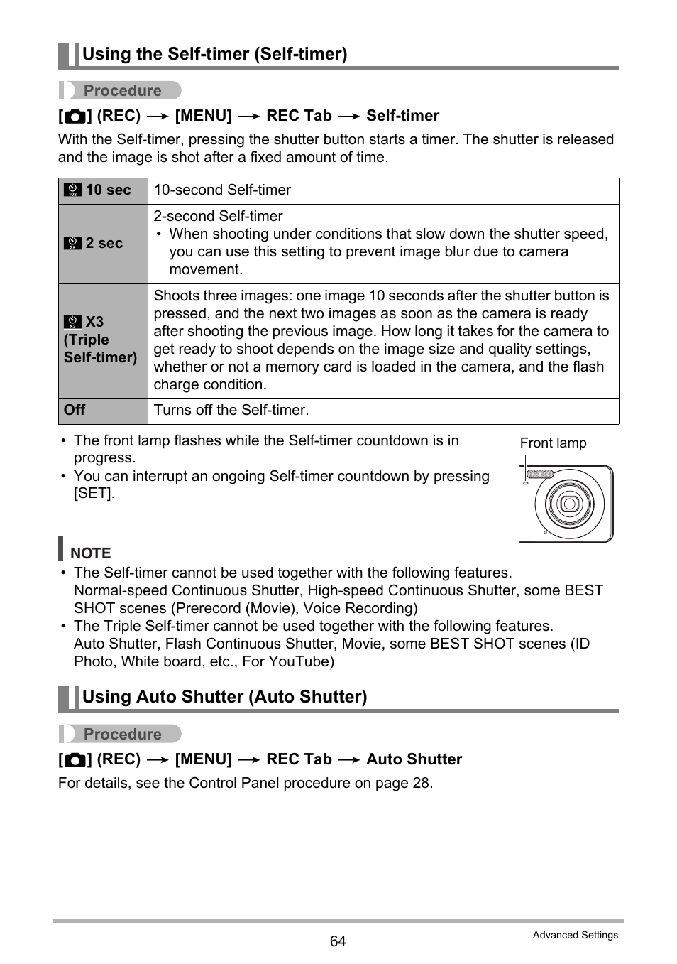 Using the self-timer (self-timer), Using auto shutter (auto shutter) | Casio EXILIM EX-Z21 User Manual | Page 64 / 163