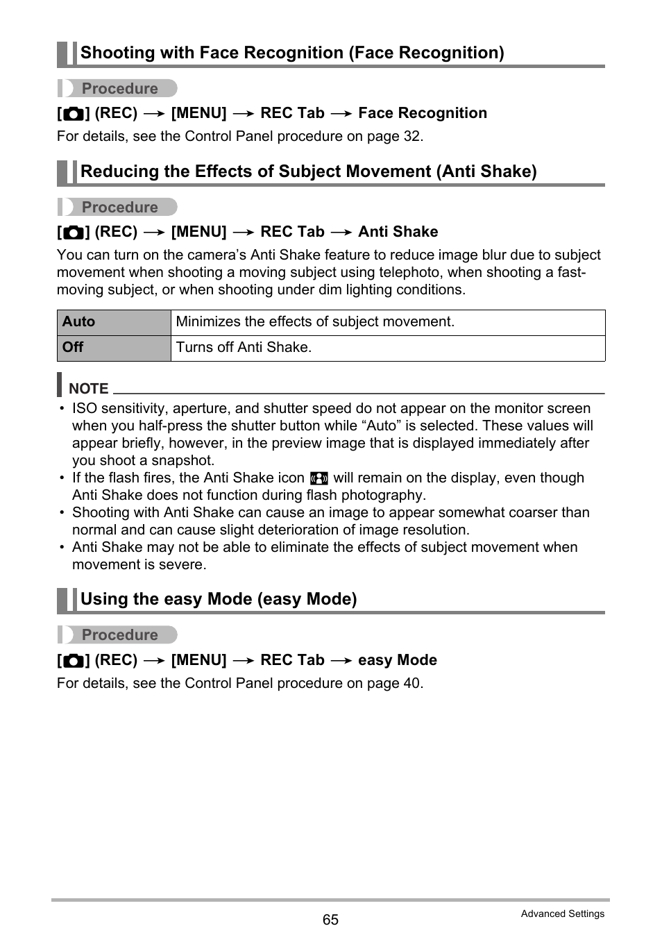 Shooting with face recognition (face recognition), Using the easy mode (easy mode) | Casio EXILIM EX-Z21 User Manual | Page 65 / 163