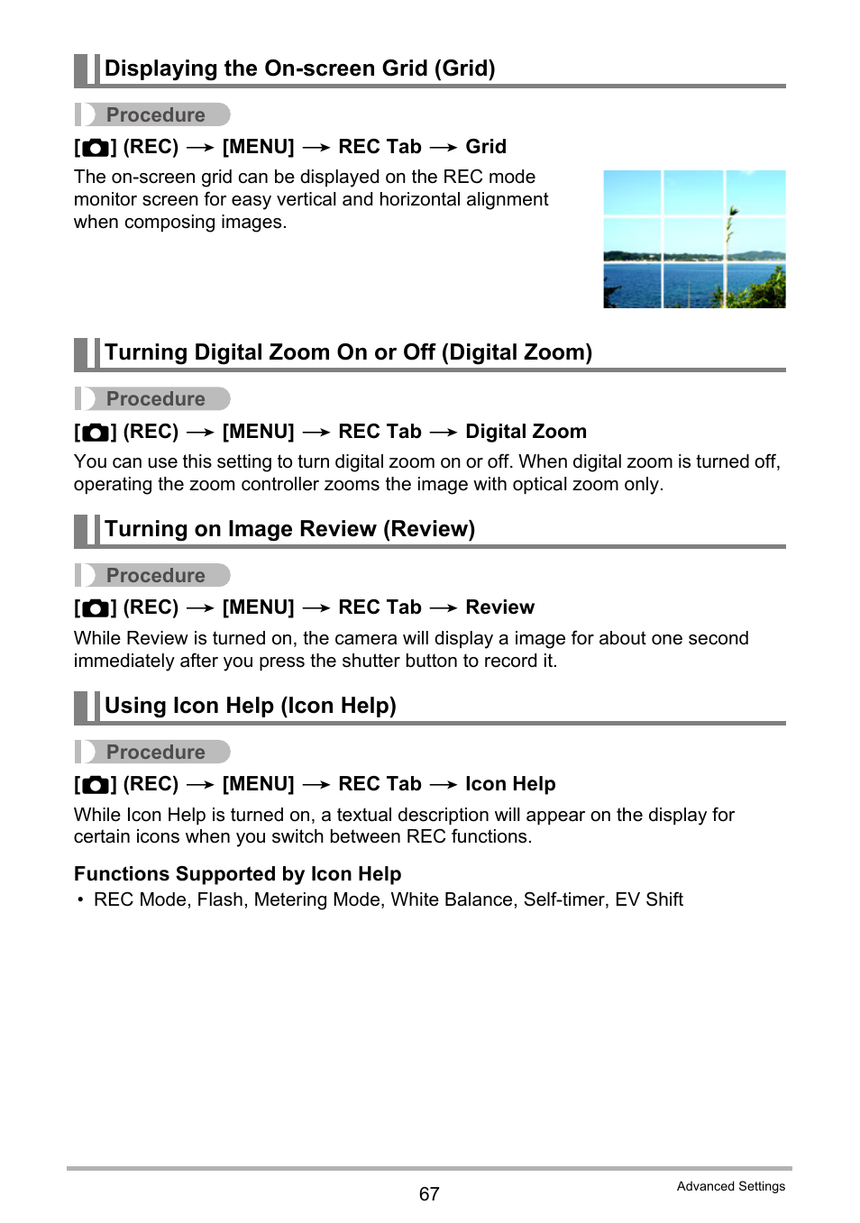 Displaying the on-screen grid (grid), Turning digital zoom on or off (digital zoom), Turning on image review (review) | Using icon help (icon help) | Casio EXILIM EX-Z21 User Manual | Page 67 / 163