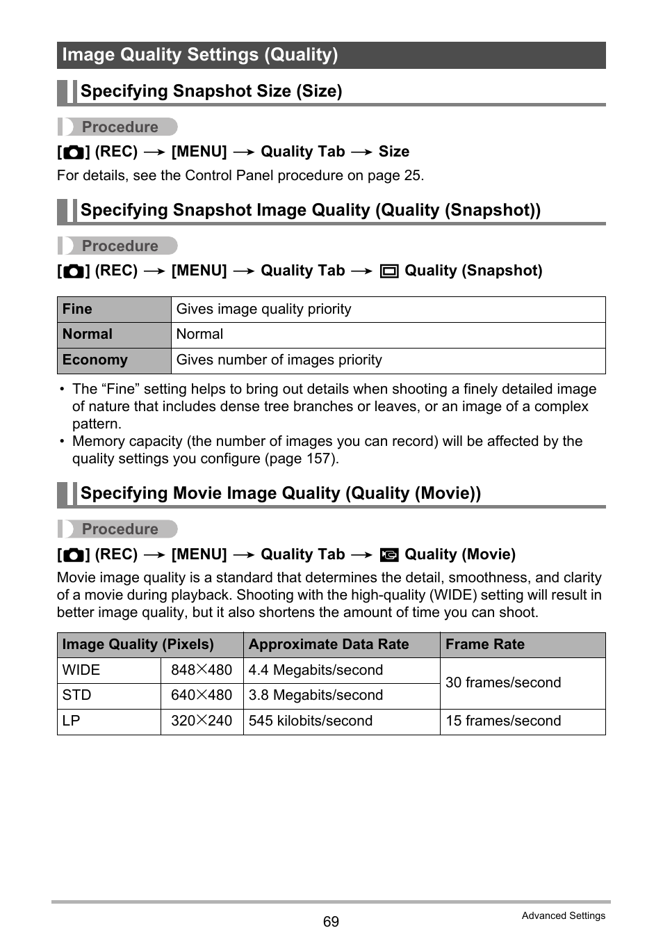 Image quality settings (quality), Specifying snapshot size (size), Specifying movie image quality (quality (movie)) | Casio EXILIM EX-Z21 User Manual | Page 69 / 163