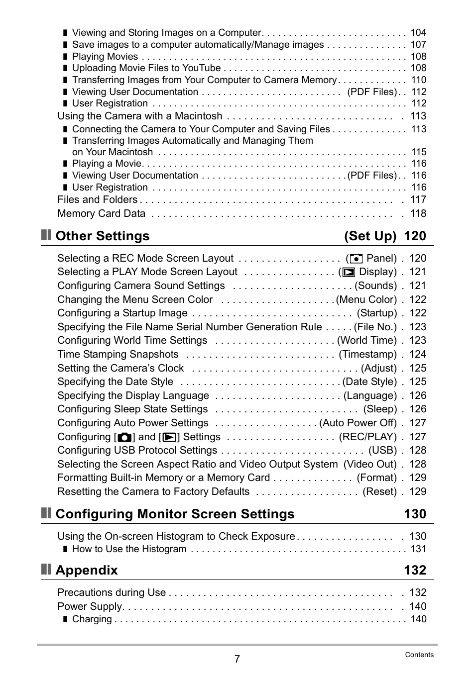 Other settings (set up) 120, Configuring monitor screen settings 130, Appendix 132 | Casio EXILIM EX-Z21 User Manual | Page 7 / 163