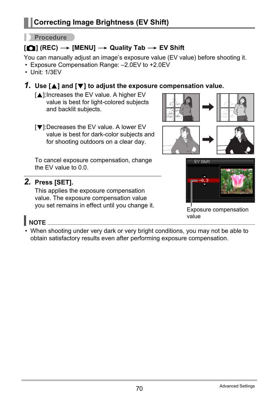 Correcting image brightness (ev shift) | Casio EXILIM EX-Z21 User Manual | Page 70 / 163