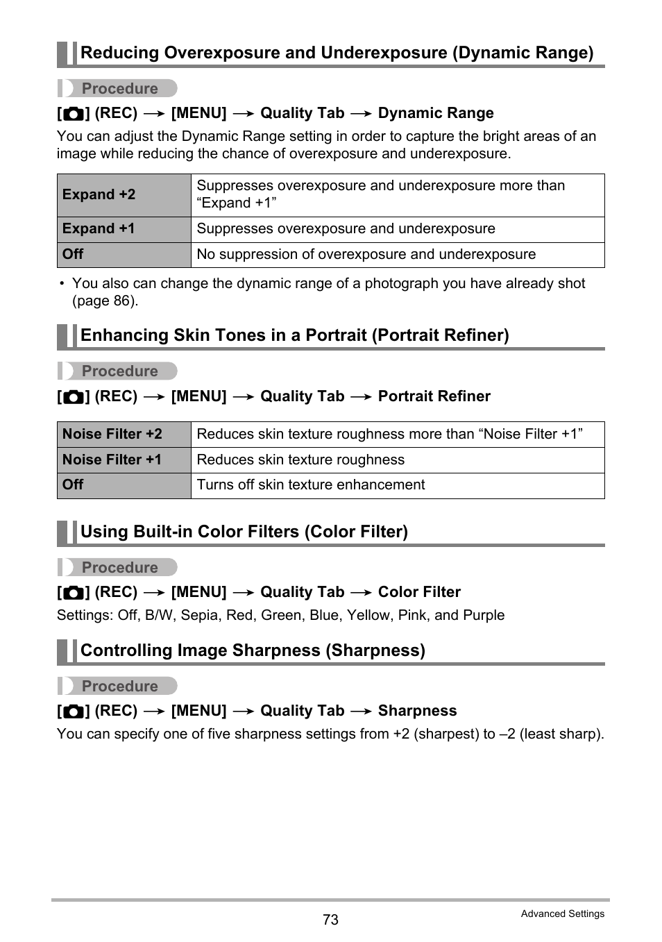 Using built-in color filters (color filter), Controlling image sharpness (sharpness) | Casio EXILIM EX-Z21 User Manual | Page 73 / 163