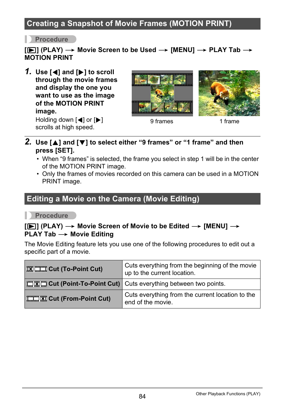 Creating a snapshot of movie frames (motion print), Editing a movie on the camera (movie editing) | Casio EXILIM EX-Z21 User Manual | Page 84 / 163