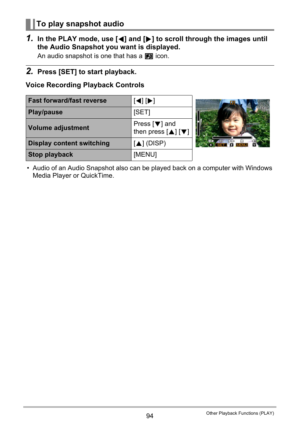 To play snapshot audio | Casio EXILIM EX-Z21 User Manual | Page 94 / 163