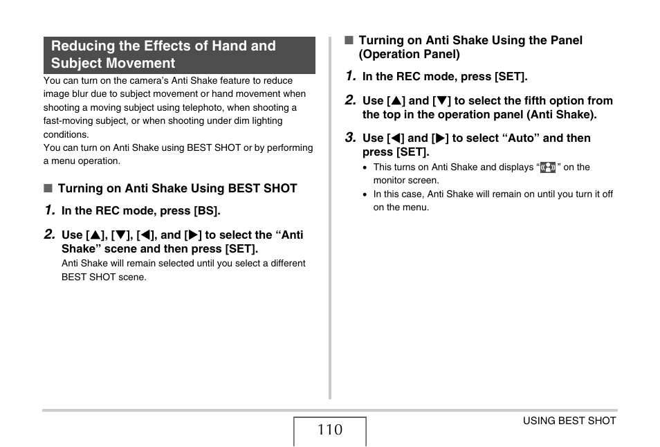 Reducing the effects of hand and subject movement, Ge 110), E 110) | Casio EX-S880 User Manual | Page 110 / 293