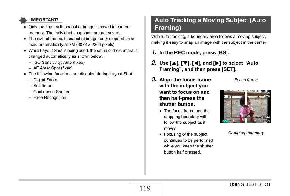 Auto tracking a moving subject (auto framing) | Casio EX-S880 User Manual | Page 119 / 293