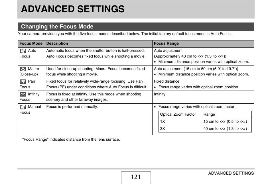 Advanced settings, Changing the focus mode | Casio EX-S880 User Manual | Page 121 / 293