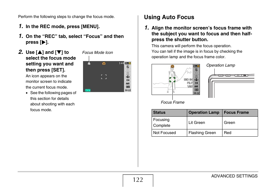 Using auto focus, Using auto focus 1 | Casio EX-S880 User Manual | Page 122 / 293